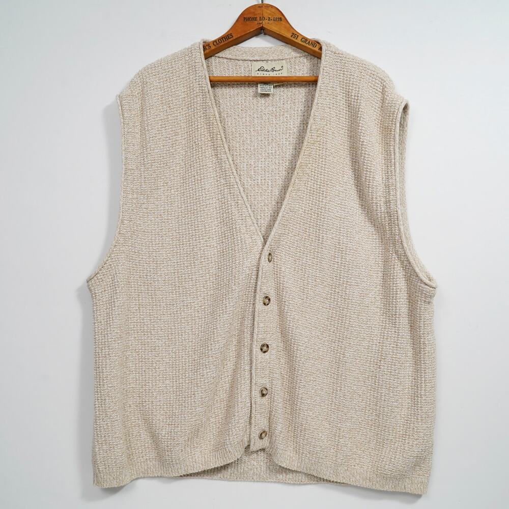 Vintage Eddie Bauer Cotton Sweater Vest Cardigan USA Made Mens XL Knit Beige